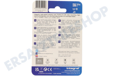 Integral INMSDH32G-100V30 V30 Hochgeschwindigkeits-Micro-SDHC-Karte 32 GB